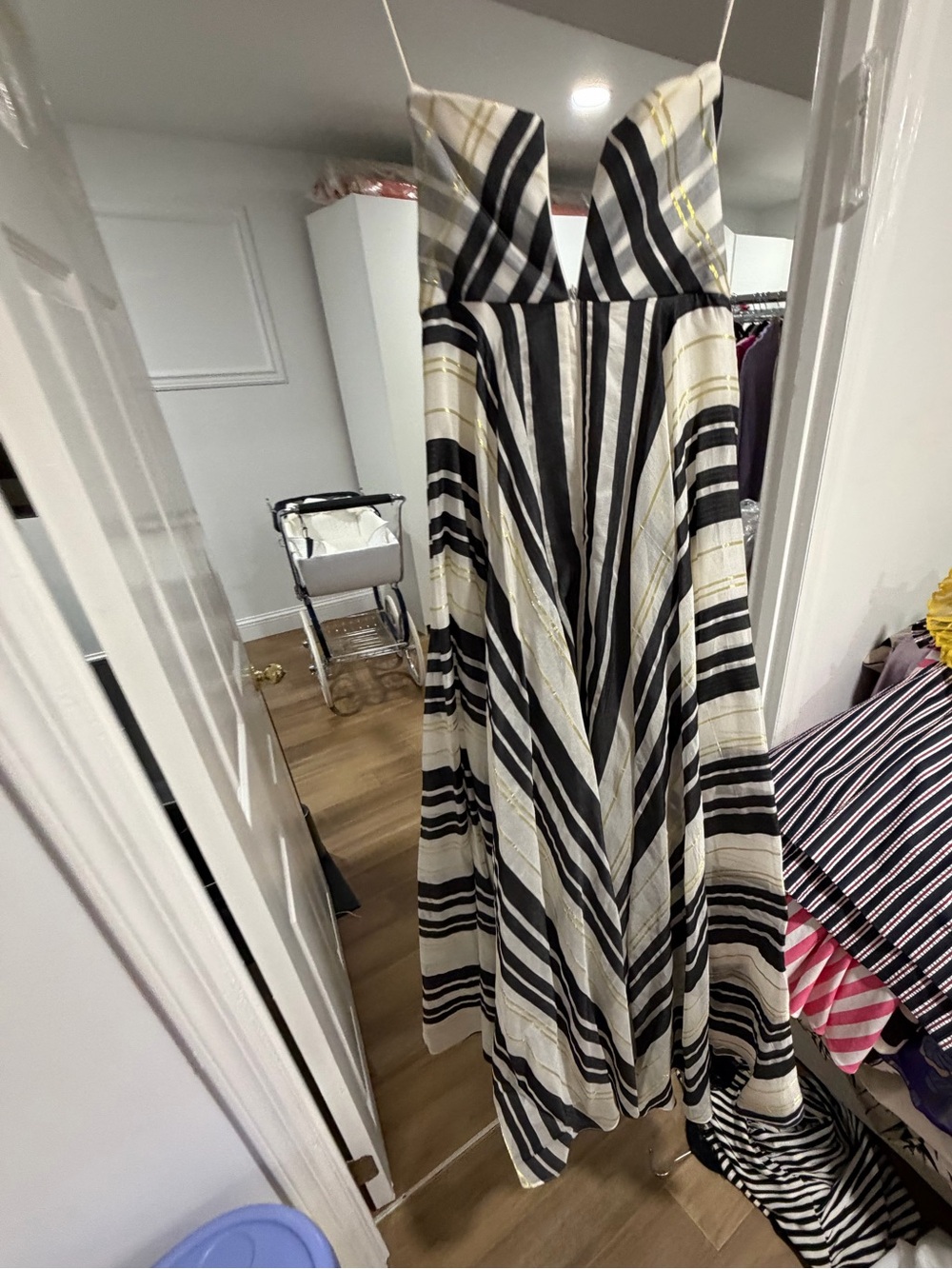 Marchesa Black and White Strapless Striped Maxi Dress